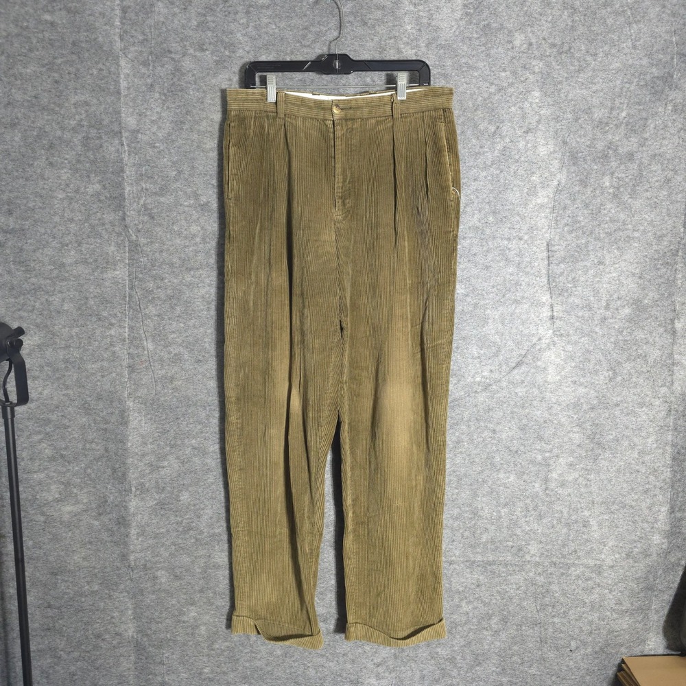 Nautica Corduroy Pants Mens 34x34 Green Pleated Wide Wale Cuffed Straight Leg